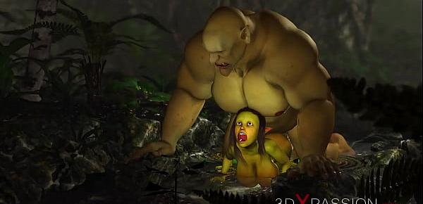  Green monster Ogre fucks hard a horny female goblin Arwen in the enchanted forest